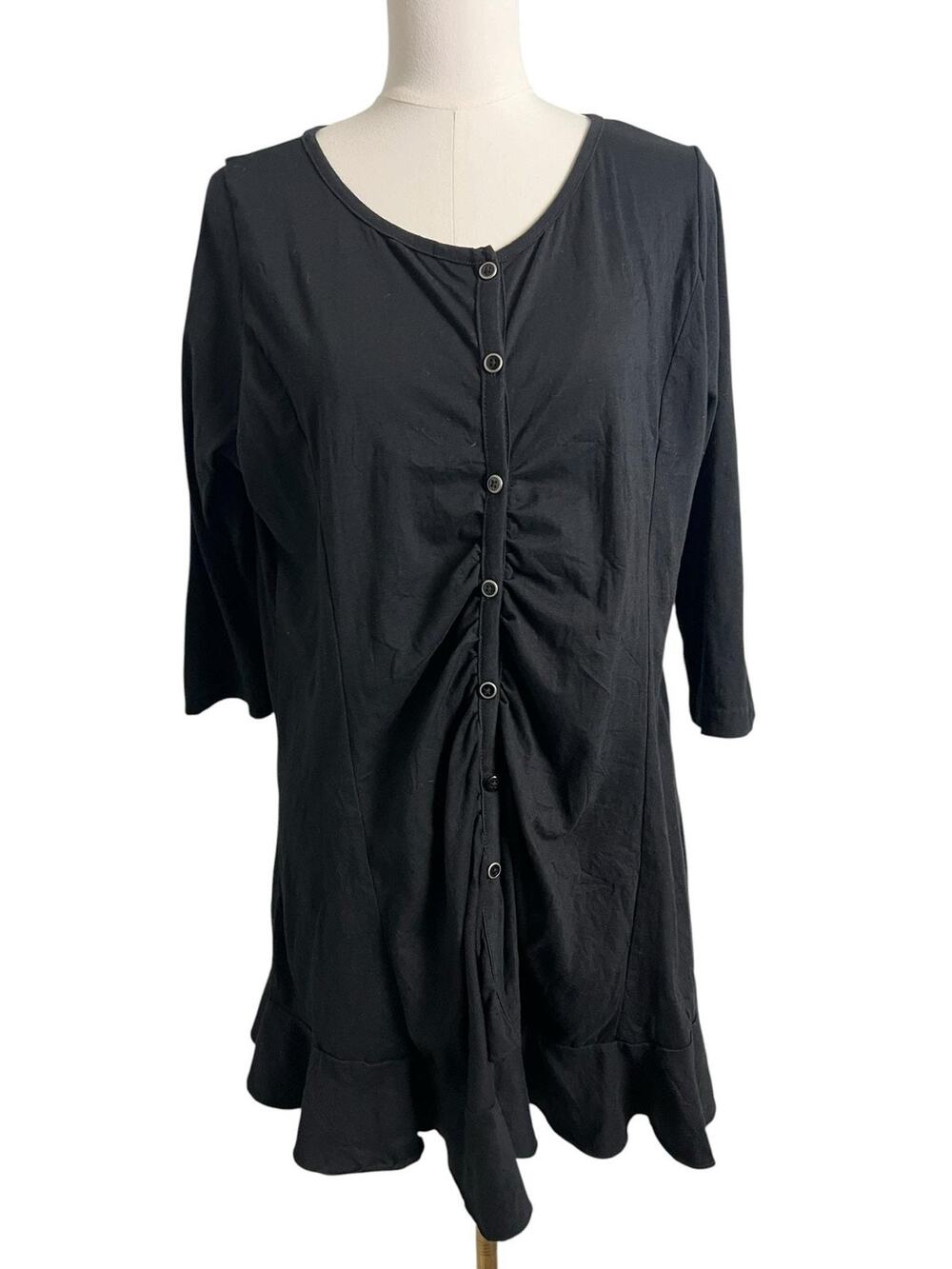 Joe Browns Shift Dress Womens 14 Black Ruched Button Front Ruffle Hem Tunic Mini